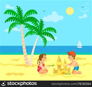 Children building sand castle vector, kids on summer vacations. Summertime fun, sailboat on sea, palm tree with exotic foliage and hot sand, sunny weather. Summer Vacation of Kids, Children with Sand Castle