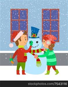 Children building snowman, kids having fun outdoors winter holidays vector. Kids wearing warm clothes, seasonal vacations and holidays child snowfall. Children Building Snowman, Kids Having Fun Winter