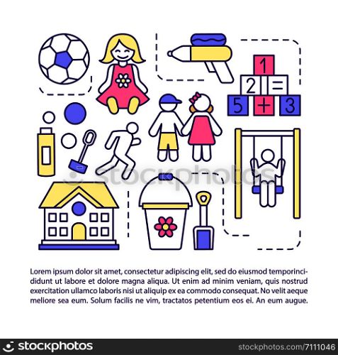 Children camp, after school facility article page vector template. Brochure, magazine, booklet design element with linear icons and text boxes. Print design. Concept illustrations with text space