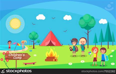 Children camp bonfire nature and kids camping vector. People having fun outdoors, tent and sun, beach and umbrella protecting from shade child smiling. Children Camp Bonfire Nature and Kids Camping