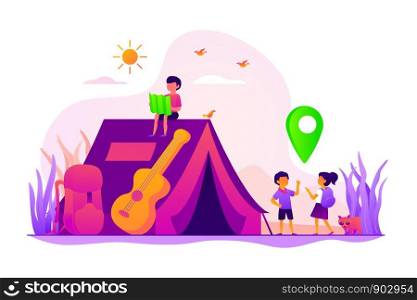 Children camping holiday. Landscape tourism, outdoor recreation, hiking. Tent on nature. Summer camp, sleepaway camp, kids vacation time concept. Vector isolated concept creative illustration. Summer camp concept vector illustration