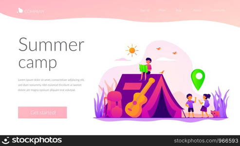 Children camping holiday. Landscape tourism, outdoor recreation, hiking. Tent on nature. Summer camp, sleepaway camp, kids vacation time concept. Website homepage header landing web page template.. Summer camp landing page template