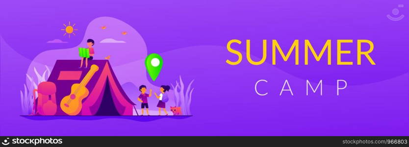 Children camping holiday. Landscape tourism, outdoor recreation, hiking. Tent on nature. Summer camp, sleepaway camp, kids vacation time concept. Header or footer banner template with copy space.. Summer camp web banner concept