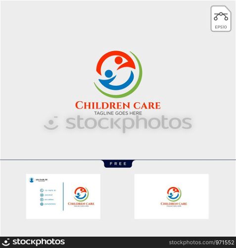 children care, baby care logo template vector illustration, icon elements with business card. children care, baby care logo template with business card
