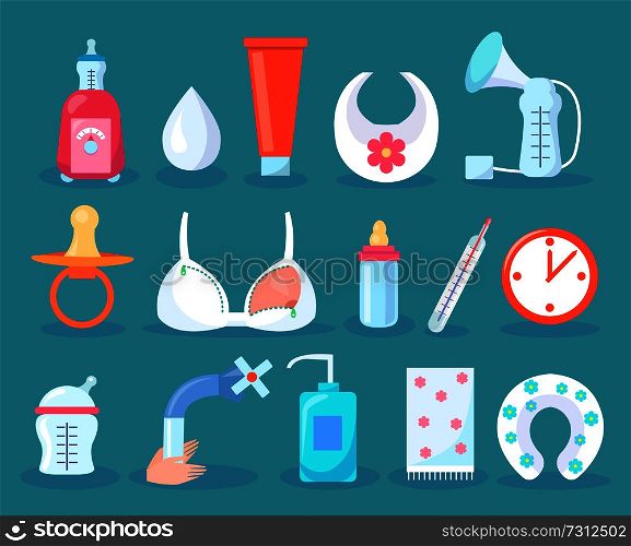 Children care collection items, tube and baby monitor, bra and soother, dummy and thermometer, clock and gel cushion, isolated on vector illustration. Children Care Collection Items Vector Illustration