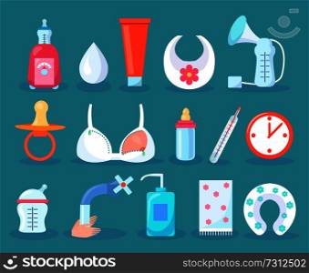 Children care collection items, tube and baby monitor, bra and soother, dummy and thermometer, clock and gel cushion, isolated on vector illustration. Children Care Collection Items Vector Illustration