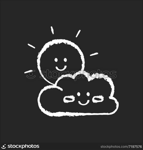 Children cartoons chalk white icon on black background. Childish toons, animated movies and TV series. Kid friendly, positive genre. Smiling sun and cloud isolated vector chalkboard illustration