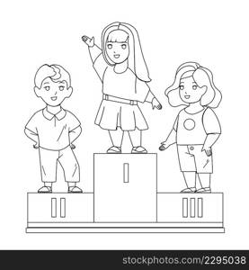 Children Celebrate Victory In Competition Black Line Pencil Drawing Vector. Boy And Girl Kids Standing On Pedestal And Celebrating Victory In Sport Championship. Characters Winners In Sportive Game. Children Celebrate Victory In Competition Vector