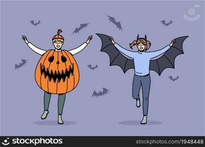 Children celebrating Halloween holiday concept. Two smiling happy children boy and girl wearing spooky halloween costumes celebrating holiday vector illustration. Children celebrating Halloween holiday concept