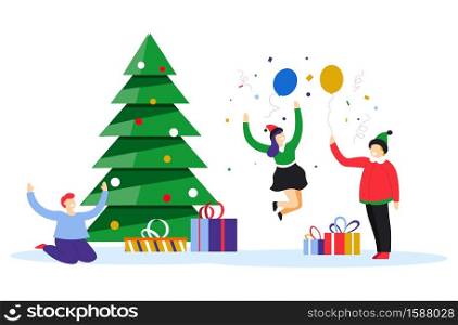 Children celebrating xmas by pine tree vector. Isolated kids with presents and boxes by fir with baubles. Winter holidays partying, new year fun. Boys and girl dancing and jumping by spruce flat style. Christmas party for children by xmas tree vector