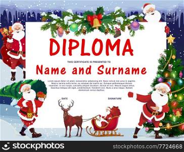 Children Christmas diploma with Santa Claus character. Kids education graduation certificate, child winter holidays diploma. Happy Santa riding sleigh, carrying sack with gifts, Christmas tree vector. Children Christmas diploma template with Santa