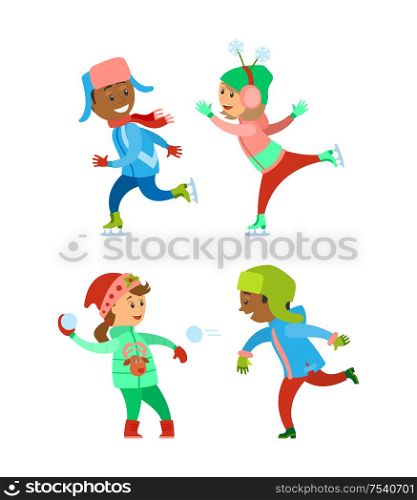 Children Christmas winter vacations holidays set vector. Kids playing snowball fight together, child wearing warm clothes on skating rink. Fun infants. Children Christmas Winter Vacations Holidays Set