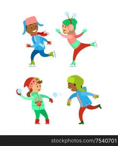 Children Christmas winter vacations holidays set vector. Kids playing snowball fight together, child wearing warm clothes on skating rink. Fun infants. Children Christmas Winter Vacations Holidays Set