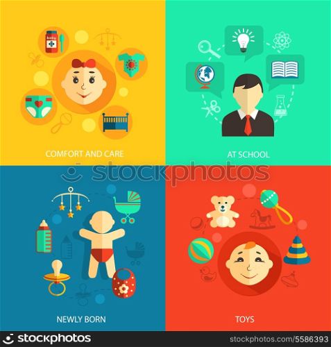 Children concept flat icons set of newly born baby comfort and care school education and toys for infographics design web elements vector illustration