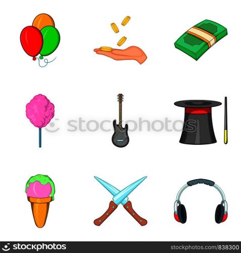 Children concert icons set. Cartoon set of 9 children concert vector icons for web isolated on white background. Children concert icons set, cartoon style