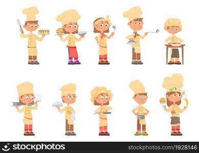 Children cooks. Kids chefs, isolated child cook. Emotional cartoon boys wear professional uniform. Cute fun young waiter decent vector characters. Illustration of chef cooking, children boy at kitchen. Children cooks. Kids chefs, isolated child cook. Emotional cartoon boys wear professional uniform. Cute fun young waiter decent vector characters