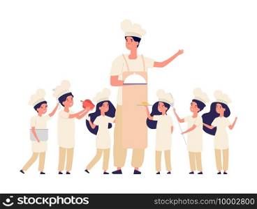 Children cooks. Teacher chef, cooking lessons for kids. Happy boy, girl little chief cookers, cute kids in uniform. Kitchen team vector characters. Teacher cook, chef and girl boy cartoon illustration. Children cooks. Teacher chef, cooking lessons for kids. Happy boy, girl little chief cookers, cute kids in uniform. Kitchen team vector characters
