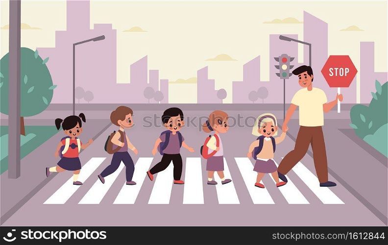 Children crosswalk. Students group with backpacks cross street with adult accompanied, elementary school boys and girls with teacher on urban landscape. Road safety cartoon flat style vector concept. Children crosswalk. Students group with backpacks cross street with adult accompanied, elementary school boys and girls with teacher on urban landscape. Road safety cartoon vector concept