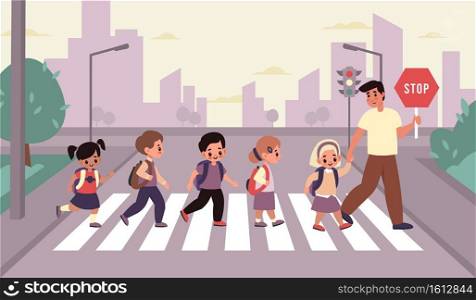Children crosswalk. Students group with backpacks cross street with adult accompanied, elementary school boys and girls with teacher on urban landscape. Road safety cartoon flat style vector concept. Children crosswalk. Students group with backpacks cross street with adult accompanied, elementary school boys and girls with teacher on urban landscape. Road safety cartoon vector concept