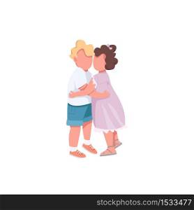 Children cuddling flat color vector faceless characters. Brother love sister. Cute kids hugging. Adorable friendship. Happy family isolated cartoon illustration for web graphic design and animation. Children cuddling flat color vector faceless characters