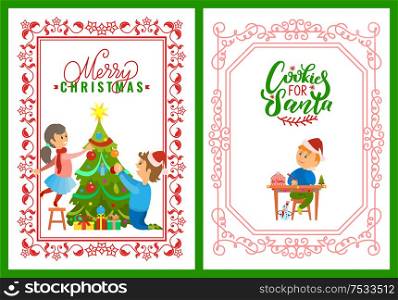Children decorating tree on Merry Christmas postcard. Cookies for Santa greetings and boy writing letter with wishes to Santa Claus, vector in frame. Children Decorating Tree Merry Christmas Postcard