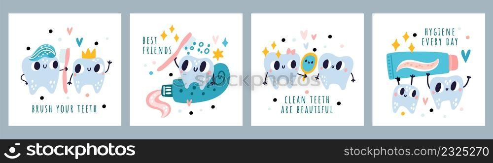 Children dentistry banners. Cute cartoon teeth characters. Oral hygiene steps. Stomatology and caring. Happy molars with funny faces. Toothpaste and toothbrush. Vector kids educational cards set. Children dentistry banners. Cute cartoon teeth characters. Oral hygiene. Stomatology and caring. Molars with funny faces. Toothpaste and toothbrush. Vector kids educational cards set
