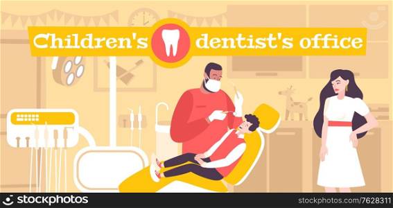 Children dentistry flat composition with text and indoor dental clinics office scenery with kid and dentist vector illustration