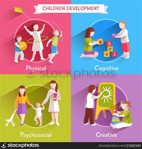 Children design concept set with physical cognitive and creative process flat icons isolated vector illustration. Children Flat Set