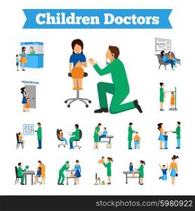 Children doctor and little patients flat icons set isolated vector illustration. Children Doctor Set