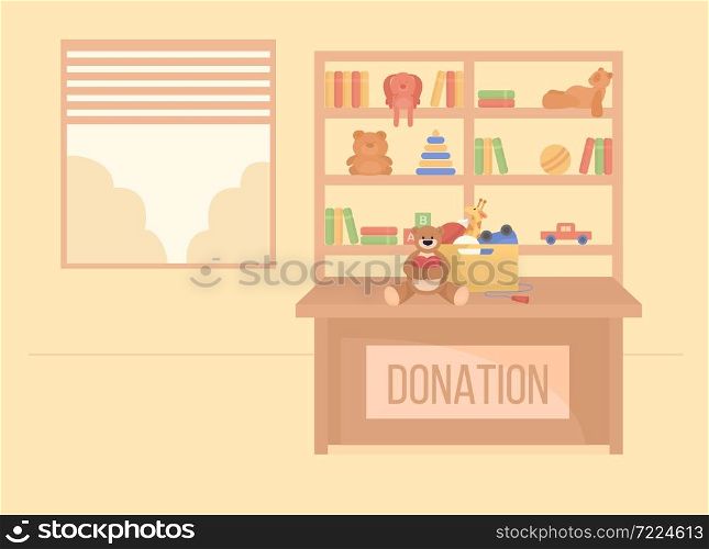 Children donations center flat color vector illustration. Social welfare to support childcare. Charity organization 2D cartoon interior with shelves with contribution to poor on background. Children donations center flat color vector illustration