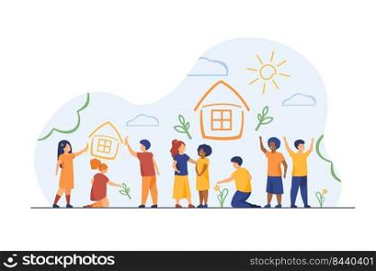 Children drawing home with crayons. Multiracial group of kids painting multicolored pictures. Vector illustration for childhood, imagination, creativity concept