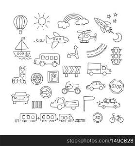 Children drawing of cars, train, plane, helicopter and rocket. Doodle transport. Set of elements in childish style. Hand drawn vector illustration on white background. Children drawing of cars, train, plane, helicopter and rocket. Doodle transport.
