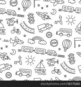 Children drawing of cars, train, plane, helicopter and rocket. Doodle transport. Seamless pattern in kid style. Hand drawn vector illustration on white background. Children drawing of cars, train, plane, helicopter and rocket. Doodle transport. Seamless pattern in kid style.