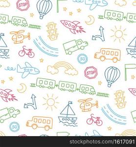 Children drawing of cars, train, plane, helicopter and rocket. Doodle transport. Seamless pattern in kid style. Hand drawn vector illustration on white background. Children drawing of cars, train, plane, helicopter and rocket. Doodle transport. Seamless pattern in kid style.