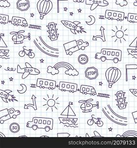 Children drawing of cars, train, plane, helicopter and rocket. Doodle transport. Cute children drawing. Seamless pattern in kid style. Hand drawn vector illustration on squared notebook background.. Children drawing of cars, train, plane, helicopter and rocket. Doodle transport. Cute children drawing. Seamless pattern in kid style. Hand drawn vector illustration on squared notebook background