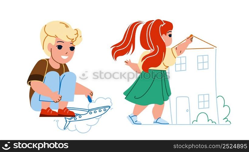 Children Drawing With Chalk Togetherness Vector. Boy Drawing Airplane On Floor And Girl Draw House Picture On Wall. Characters Kids Creativity Leisure And Funny Time Flat Cartoon Illustration. Children Drawing With Chalk Togetherness Vector