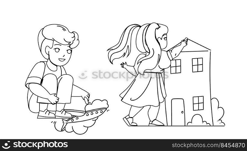 Children Drawing With Chalk Togetherness Vector. Boy Drawing Airplane On Floor And Girl Draw House Picture On Wall. Characters Kids Creativity Leisure And Funny Time black line illustration. Children Drawing With Chalk Togetherness Vector