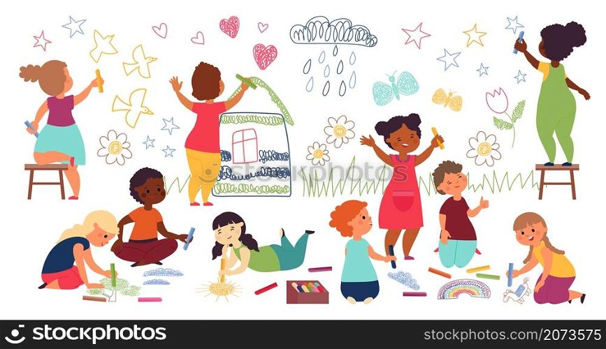 Children drawing with crayon. Kindergarten child, kids paint on wall and floor. Playing together, child art school decent vector characters. Kids drawing doodle, crayon pencil illustration. Children drawing with crayon. Kindergarten child, kids paint on wall and floor. Playing together, child art school decent vector characters
