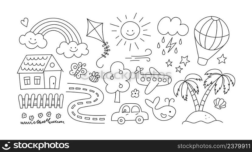 Children drawings set. Kids doodle. Hand drawn road with car and cute house. Sand island and palm trees. Smiling sun, cloud and rainbow. Editable stroke. Vector illustration on white background.. Children drawings set. Kids doodle. Hand drawn road with car and cute house. Sand island and palm trees. Smiling sun, cloud and rainbow. Editable stroke. Vector illustration on white background