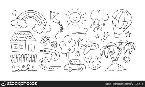 Children drawings set. Kids doodle. Hand drawn road with car and cute house. Sand island and palm trees. Smiling sun, cloud and rainbow. Editable stroke. Vector illustration on white background.. Children drawings set. Kids doodle. Hand drawn road with car and cute house. Sand island and palm trees. Smiling sun, cloud and rainbow. Editable stroke. Vector illustration on white background