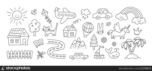 Children drawings set. Kids doodle. Sand island and palm trees. Hand drawn road with car and cute house. Smiling sun and rainbow. Plane flies. Editable stroke. Vector illustration on white background.. Children drawings set. Kids doodle. Sand island and palm trees. Hand drawn road with car and cute house. Smiling sun and rainbow. Plane flies. Editable stroke. Vector illustration on white background