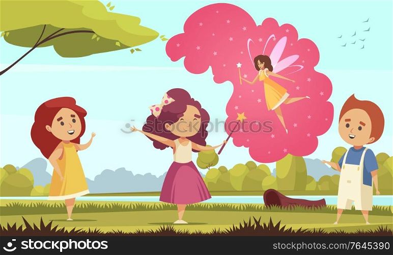 Children dreaming girl fairy composition with outdoor landscape and group of children with magical thought bubbles vector illustration. Fairy Childrens Dreams Composition