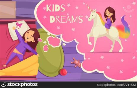 Children dreaming unicorn composition with text thought bubble and sleeping girl riding unicorn in her dreams vector illustration. Kids Dreams Unicorn Composition