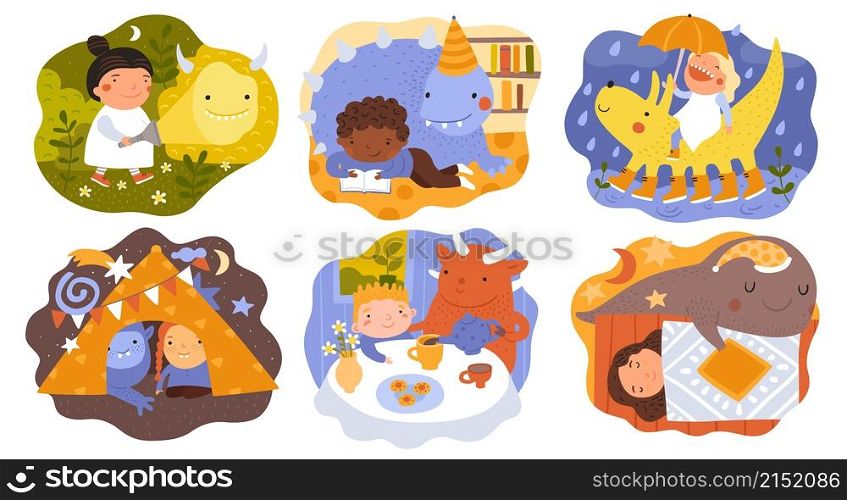 Children dreams. Little dreamers with fictional friends. Cute monsters and kids. Bizarre animals walking and reading books. Happy boys and girls. Vector invented adventure set with imaginary creatures. Children dreams. Little dreamers with fictional friends. Monsters and kids. Bizarre animals walking and reading. Happy boys and girls. Vector invented adventure set with imaginary creatures