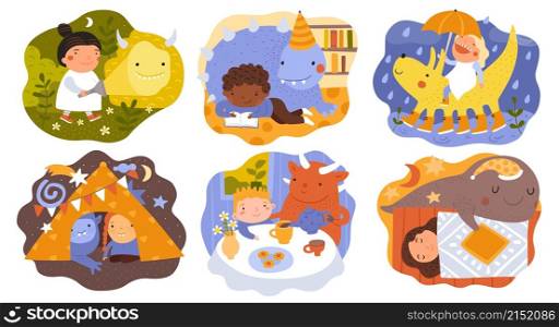 Children dreams. Little dreamers with fictional friends. Cute monsters and kids. Bizarre animals walking and reading books. Happy boys and girls. Vector invented adventure set with imaginary creatures. Children dreams. Little dreamers with fictional friends. Monsters and kids. Bizarre animals walking and reading. Happy boys and girls. Vector invented adventure set with imaginary creatures