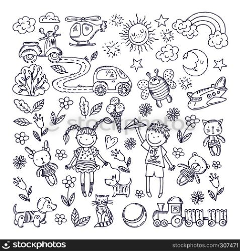 Children dreams. Vector hand drawn illustration of boy and girl. Pets and different toys. Helicopter hand drawn, cartoon toys and animal. Children dreams. Vector hand drawn illustration of boy and girl. Pets and different toys