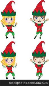 Children Dressed in Elf Costume. Cartoon little girl and boy wearing elf costume for holidays.