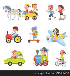 Children drivers. Kids in different transport. Happy boys and girls driving car or tractor. Horse cart. Young people riding bike and scooter. Persons on plane and train. Vector baby color vehicles set. Children drivers. Kids in different transport. Boys and girls driving car or tractor. Horse cart. Young people riding bike and scooter. Persons on plane and train. Vector baby vehicles set