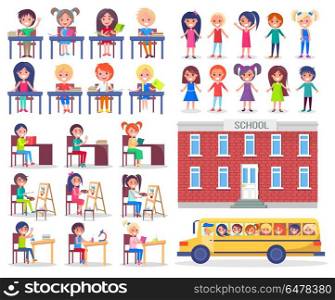 Children During Lessons and Ride in School Bus. Children during lessons sit at desks, read books and ride in school bus. Educational institution and little pupils vector illustrations set.
