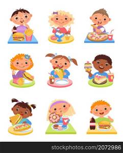 Children eat. Happy kids have breakfast, cartoon cute girls and boys dine at tables, fast food and sweet dessert. Burger, pizza and sandwich, everyday nutrition, vector cartoon flat style isolated set. Children eat. Happy kids have breakfast, cartoon cute girls and boys dine at tables, fast food and sweet dessert. Burger, pizza and sandwich, everyday nutrition, vector cartoon flat set